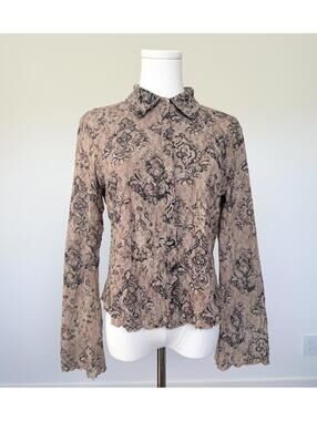 Vintage Y2K Sheer Lace Floral Blouse Brown Romantic Gothic Button Up Top